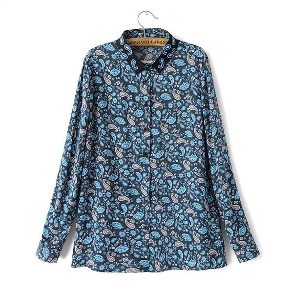 Blue Paisleys Vintage Retro Pattern Cotton Long Sleeves Blouse Shirt