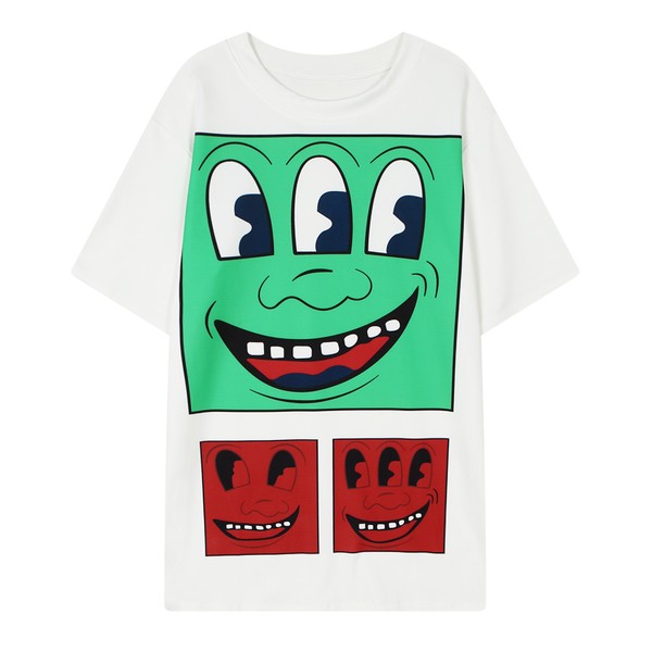 White Green Red Three Eyes Happy Faces Harajuku Funky Short Sleeves T Shirt Top