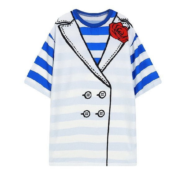 Black Blue Stripes Tuxedo Harajuku Funky Short Sleeves T Shirt