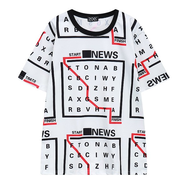 White Start Stop Crossword Puzzle Harajuku Funky Short Sleeves T Shirt Top