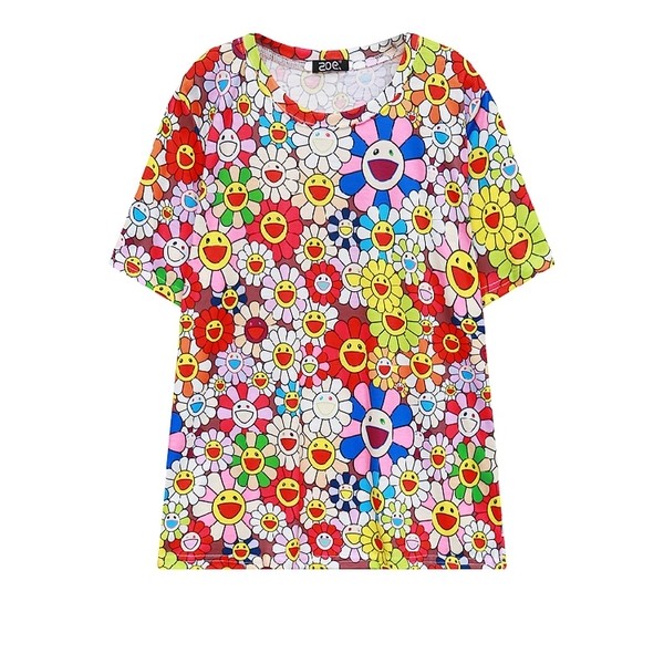 Red Colorful Happy Flowers Harajuku Funky Short Sleeves T Shirt Top