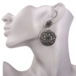 Silver Vintage Diamante Round Fancy Bohemian Ethnic Earrings Ear Drops