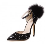 Black Suede Patent Silver Studs Point Toe Back Fur Pom Stiletto High Heels Shoes