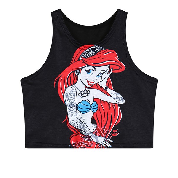 Black Mermaid Cropped Sleeveless T Shirt Cami Tank Top 