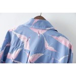 Blue Pink Flying Birds Vintage Retro Pattern Long Sleeves Blouse Shirt