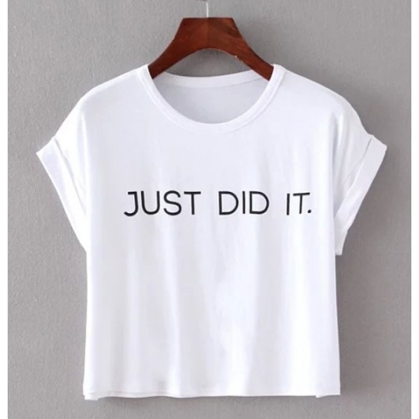 White JUST DID IT College Cropped Short Sleeves T Shirt Top 