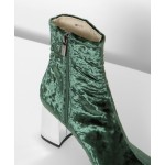 Green Olive Velvet Suede Blunt Head Silver High Heels Ankle Boots Shoes