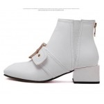 White Leather Giant Buckle Blunt Head High Heels Boots Shoes