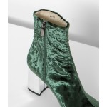 Green Olive Velvet Suede Blunt Head Silver High Heels Ankle Boots Shoes