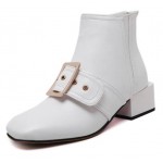 White Leather Giant Buckle Blunt Head High Heels Boots Shoes