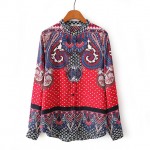 Red Vintage Paisley Totem Retro Pattern Silky Long Sleeves Blouse Shirt