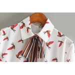 White Flying Birds Ribbon Bow Vintage Chiffon Long Sleeves Blouse Shirt