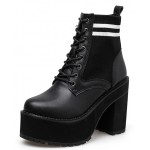 Black Knitted Lace Up Chunky Sole Block High Heels Platforms Boots Shoes