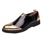 Black Gold Glossy Patent Wingtip Mens Business Loafers Dress Flats Shoes