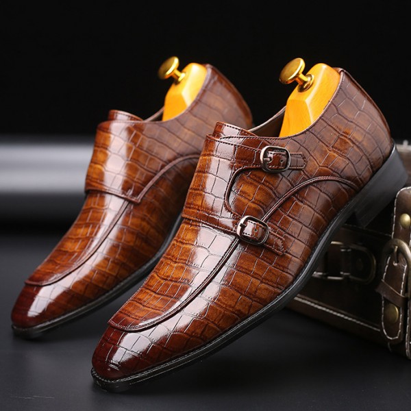 Brown Croc Monk Strap Oxfords Loafers Dress Dapper Man Shoes Flats
