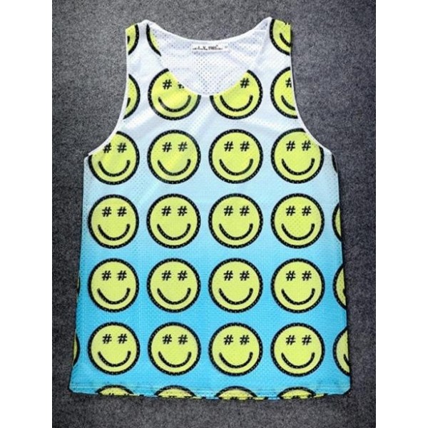Blue Yellow Smile Happy Faces Cartoon Net Sleeveless Mens T-shirt Vest Sports Tank Top