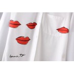 White Red Lips Cotton Long Sleeves Boyfriend Blouse Shirt