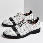 White Grey Checkers Plaid Bow Lace Up Mens Oxfords Loafers Dress Shoes Flats