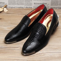 Black Croc Patterned Point Head Patent Leather Loafers Flats Dress Shoes