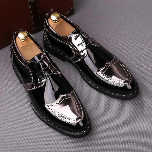 Black Silver Patent Wingtip Lace Up Mens Oxfords Loafers Dress Shoes Flats