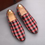 Red Black Plaid Checkers Patterned Loafers Flats Dress Shoes