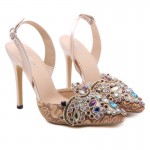 Khaki Diamante Embroidery Point Head Slingback Bridal High Heels Stiletto Sandals Shoes