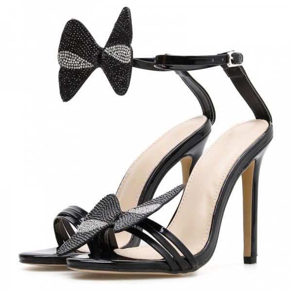 Black Diamantes Butterfly Evening Gown High Heels Stiletto Sandals Shoes