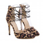 Khaki Leopard Print Pointed Head High Heels Stiletto Sandals Shoes