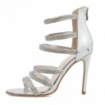 SIlver Metallic Diamantes Strappy Evening Gown High Heels Stiletto Sandals Shoes