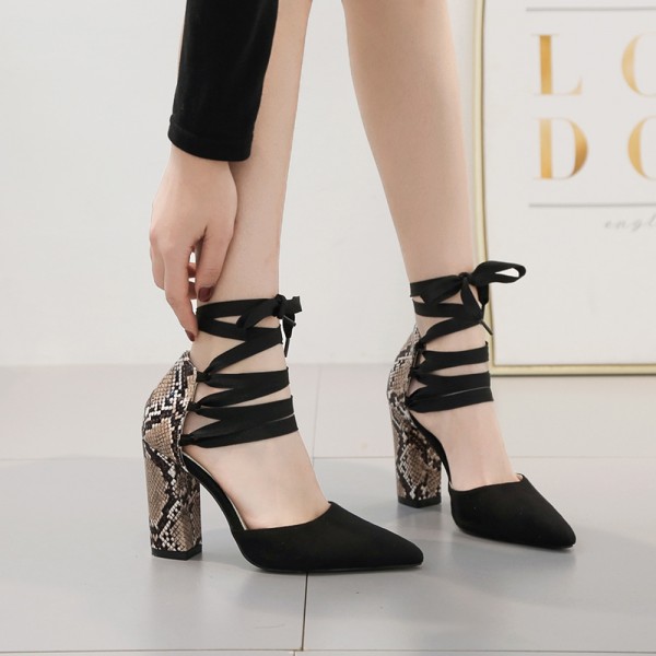 Black Suede Snake Print Cross Straps Pointed Head High Heels Stiletto Sandals Shoes