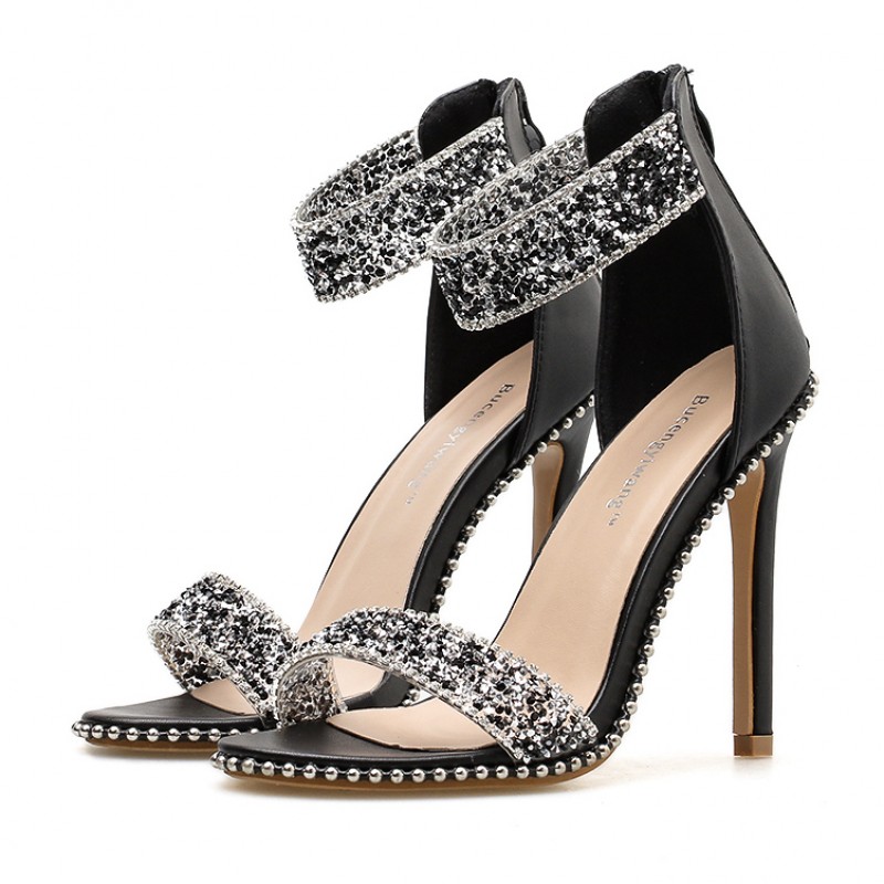 Black Diamantes Ankle Strap Studs Evening Gown High Heels Stiletto ...