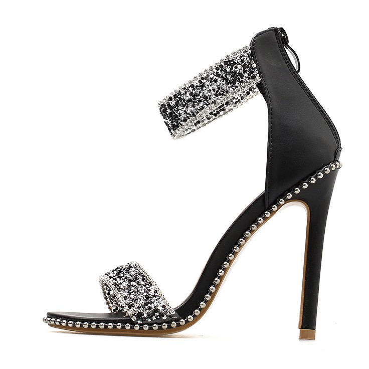 Black Diamantes Ankle Strap Studs Evening Gown High Heels Stiletto ...