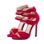 Red Suede Strappy High Heels Stiletto Sandals Shoes