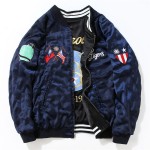 Blue Black Satin Embroidery Reversible Mens Aviator Baseball Yokosuka Bomber Jacket