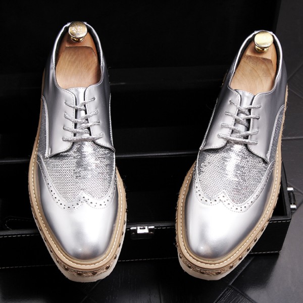 Silver Sequins Lace Up Platforms Oxfords Mens Dress Shoes Flats