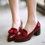 Burgundy Red Patent Bow High Studs Heels Dress Shoes