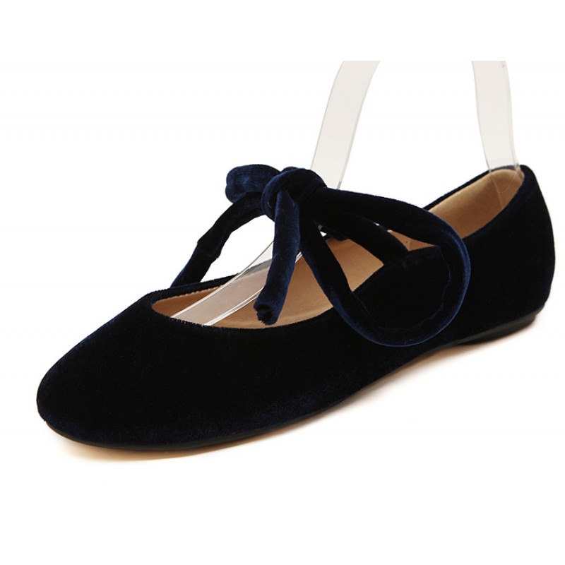 Blue Navy Velvet Ankle Lace Up Ballerina Ballet Flats Shoes