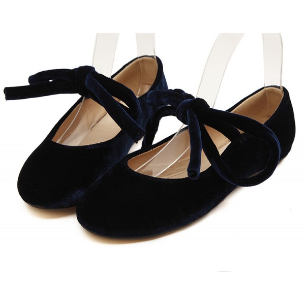 Blue Navy Velvet Ankle Lace Up Ballerina Ballet Flats Shoes