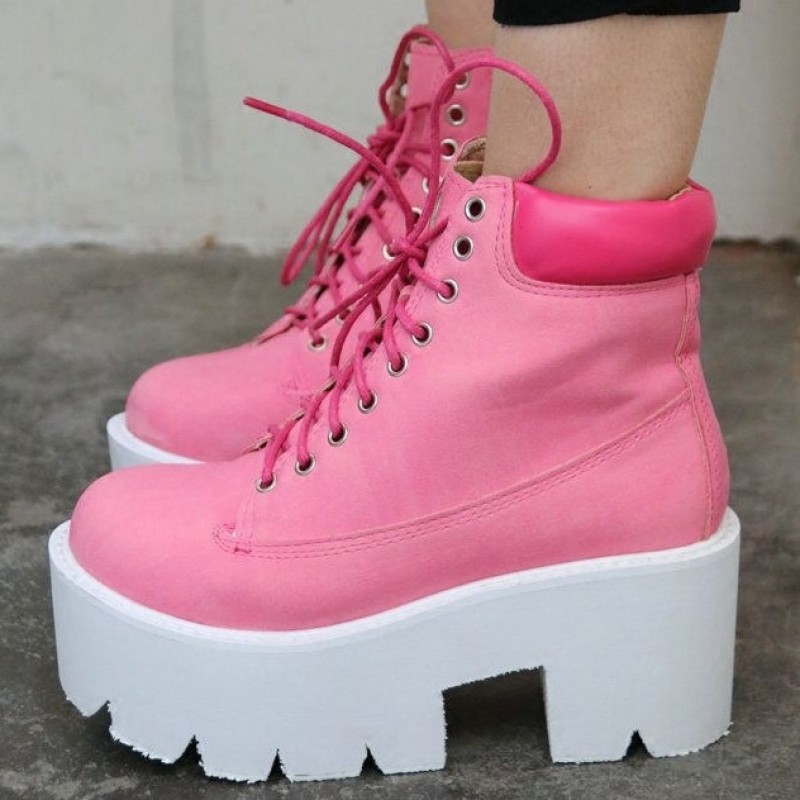 Pink Lace Up Chunky White Sole Block 