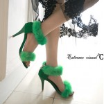 Green Suede Rabbit Fur Flurry Sexy High Stiletto Heels Sandals Shoes