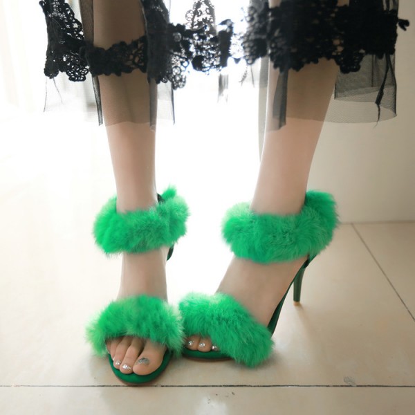 Green Suede Rabbit Fur Flurry Sexy High Stiletto Heels Sandals Shoes