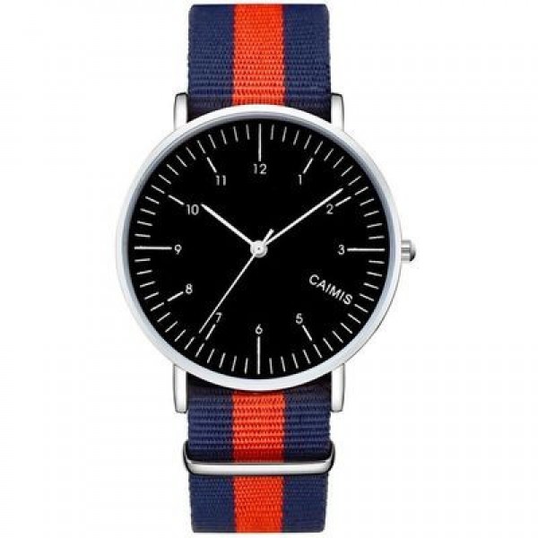 Red Blue Stripes Nylon Strap Round Black Dial Watch Silver Case 40mm 36 mm
