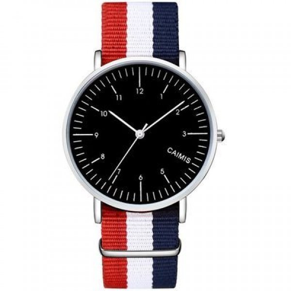 Red Blue White Stripes Nylon Strap Round Black Dial Watch Silver Case 40mm 36 mm