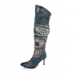 Blue Ripped Denim Jeans Pointed Head Long Vintage Stiletto High Heels Boots Shoes