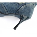 Blue Ripped Denim Jeans Pointed Head Long Vintage Stiletto High Heels Boots Shoes