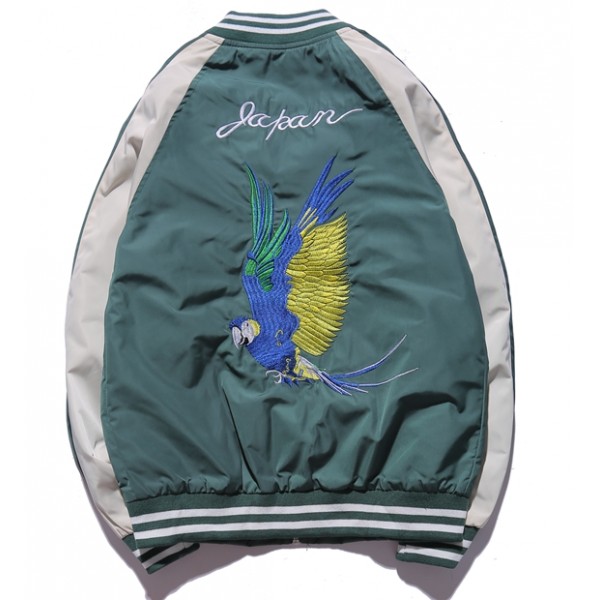 Green Japan Birds Embroidery Mens Aviator Baseball Yokosuka Bomber Jacket