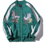 Green White Flamingoes Embroidery Mens Aviator Baseball Yokosuka Bomber Jacket