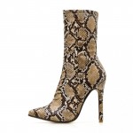 Khaki Snake Print Lace Up Point Head Rider Stiletto High Heels Boots Shoes