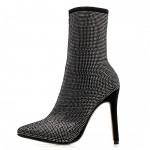 Black Diamantes Bling Bling Point Head Rider Stiletto High Heels Boots Shoes