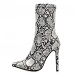 White Snake Print Point Head Rider Stiletto High Heels Boots Shoes